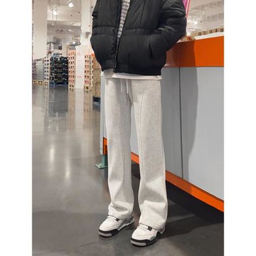 白花灰美式斜切彎刀衛褲男款秋冬窄版直筒垂感褲子加絨微喇休閑褲