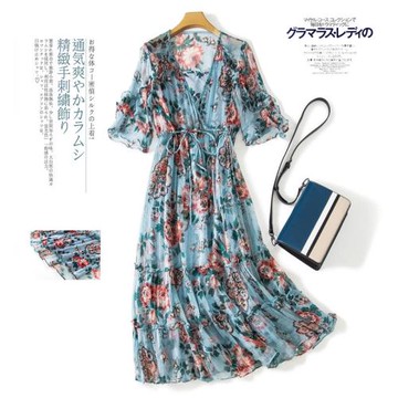杭州絲綢新款串珠真絲連衣裙碎花100%桑蠶絲波西米亞渡假沙灘裙子