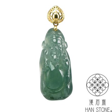 【漢石齋】天然翡翠A貨 小財神18K金墜頭玉佩吊墜 冰種飄花(17*8*5.8mm)