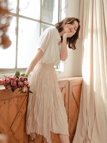 光澤壓皺不規褶下襬中長裙