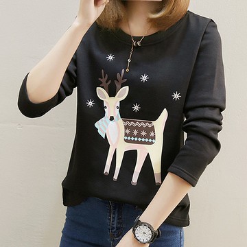 休閒可愛星星小鹿印花寬鬆百搭加絨保暖長袖T恤(黑.藍.卡其M-3L) 眼圈熊 中大尺碼 F157