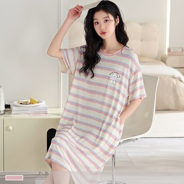 莫代爾連身睡裙【罩杯式】條紋熊語 狀色涼爽螺紋短袖睡衣 居家服 13298