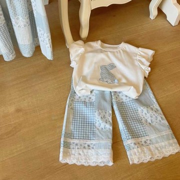 mori🎀mori【店鋪熱銷】女童夏季純棉小兔子短袖T恤+舒適透氣直筒長褲寶寶休閒兩件套