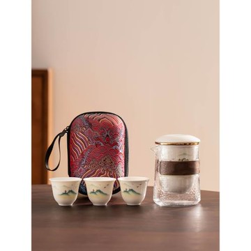 便攜式功夫旅行茶具套裝隨身包隨行中式復古風陶瓷玻璃茶壺快客杯