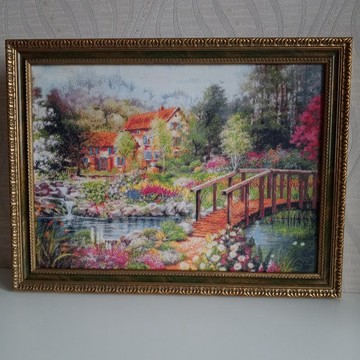 手工製作的花園鄉村風景，手工十字繡藝術品，禮物，家居裝飾