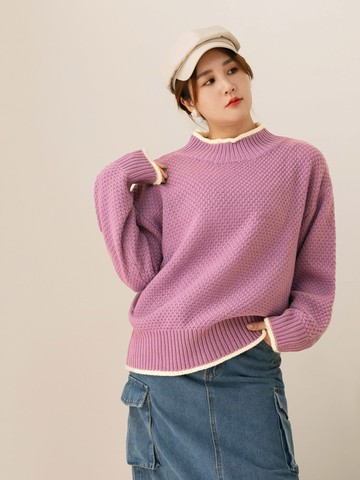 男女共穿．撞色立領寬鬆手鉤針織上衣