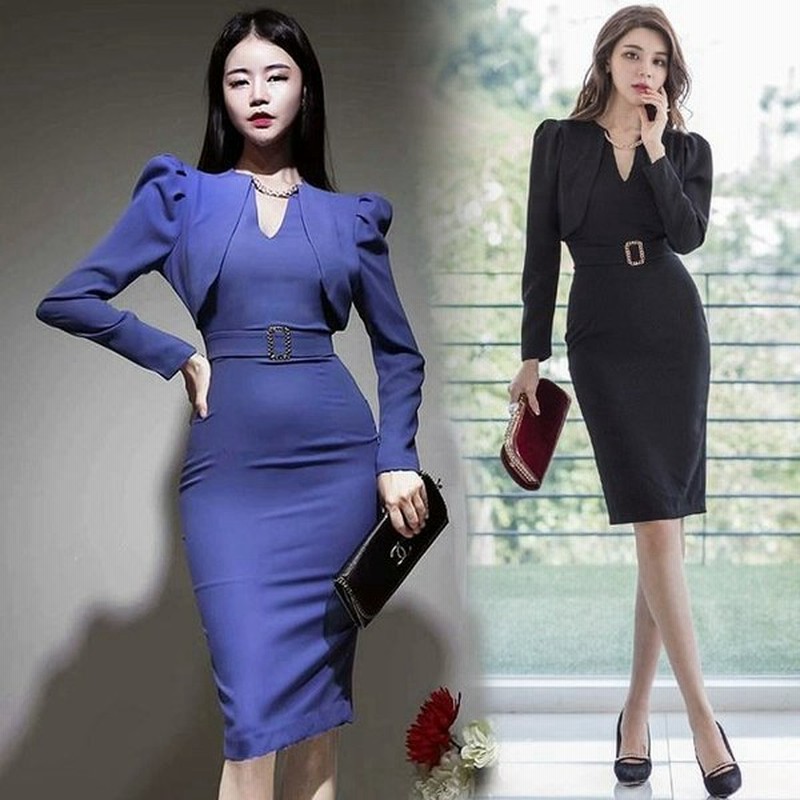 フォーマル 長袖 ワンピース 通勤 Ol タイトワンピース ドレス 二次会 お呼ばれ ブラック ブルー 膝丈ワンピース 韓国風 キャバドレス Vネック 通販 Lineポイント最大get Lineショッピング