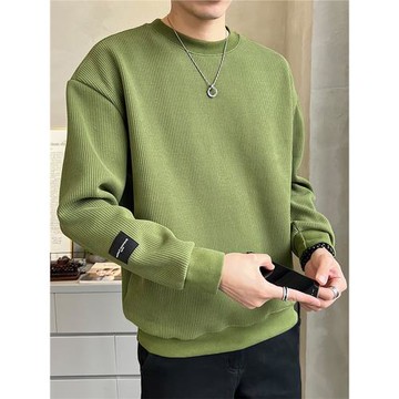 痞帥韓版圓領衛衣男春秋純色2024秋季新款潮牌百搭落肩秋裝上衣