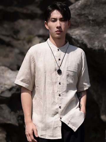 新中式復古 立領亞麻短袖襯衫