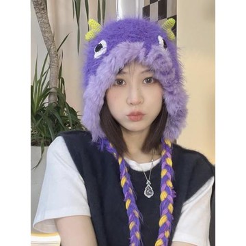 網紅怪獸女卡通可愛護耳帽毛絨