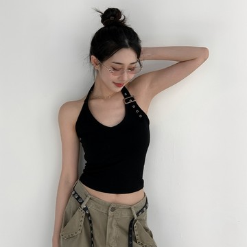 【Aa.chic】歐美掛脖皮帶釦V領背心(六色).女裝/掛脖/皮帶釦/背心/歐美感/彈性/甜辣【C12y128】