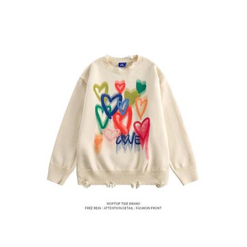 WHXS美式復古涂鴉彩色愛心破洞毛衣男慵懶風寬松情侶百搭針織上衣