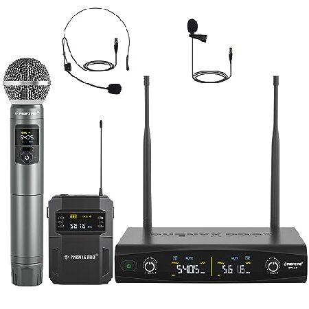 Phenyx Pro Wireless Microphone System,Metal Wireless Mic Set with Handheld Microphone Bodypack Headset Lapel Mics,2 x 30 UHF Frequencies, Cordless Mic