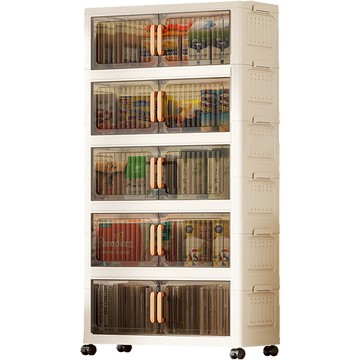 AOTTO 80面寬五層摺疊附輪雙開門收納櫃(書櫃 置物櫃 收納櫃 收納箱 折疊箱透黑