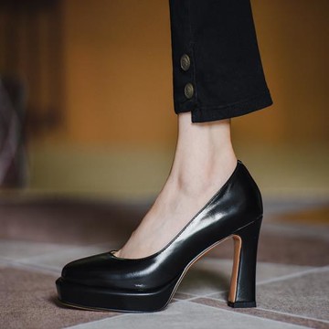 熊大叔手工女鞋~10.3cm真皮2025年粗跟單鞋高跟鞋圓頭防水臺淺口