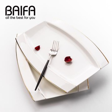 創意家用日式長方形金邊陶瓷大號魚盤 盤子骨瓷菜盤西餐盤 涼菜盤