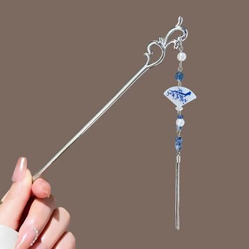 國風青花瓷流蘇高級發簪頭飾古風中式漢服盤發步搖發釵簪子簡約 z803