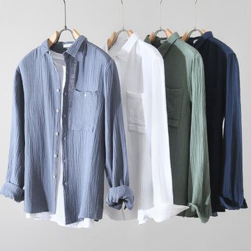 春秋男長袖純棉襯衫翻領工裝上衣復古休閑青年職業襯衣純色潮寸衫