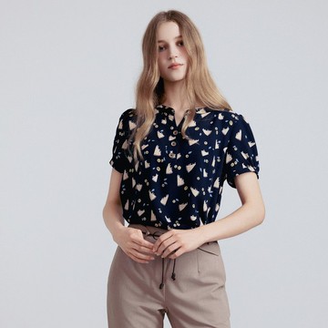 【MEDUSA】深藍趣味花樣鈕釦雪紡上衣(M-2L) | 女雪紡上衣 短袖