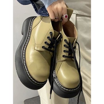 卡其綠真皮高幫鞋網紅阿水同款情侶大碼短筒不累腳馬丁靴厚底增高