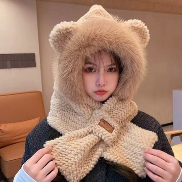 圍巾 E131帽子圍巾 jennie同款可愛加厚保暖帽子 小熊圍巾 羊羔絨帽 羊羔絨圍巾 羊羔絨手套 圍巾帽子手套三件套