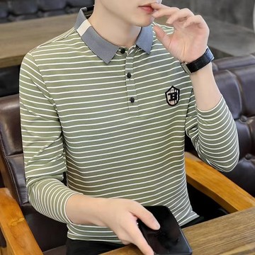 男装条纹polo衫男长袖春秋高端休闲青年修身打底衫男士百搭翻领t恤潮