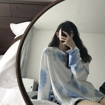 BA【限時特賣】 長袖上衣 長袖T恤 辣妹上衣 女生上衣 夏秋季2020新紮染洋氣長袖T恤女韓版寬鬆學生上衣ins薄款秋