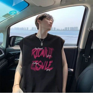 美式坎肩 潮牌男裝 慵懶大碼背心 美式100%純棉痞帥上衣 重磅高街印花無袖坎肩 港風炸街硬漢 夏天青年休閒百搭T恤