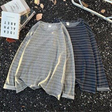 時尚潮流圓領條紋長袖T恤男秋季新款休閒百搭寬鬆上衣男