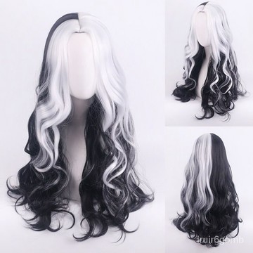 🔥蝦皮代開發票🔥 cos  Cruella de Vil 庫伊拉黑白拚色陰陽頭假髮 假發短發 黑白 魔女 陰陽頭蓬松