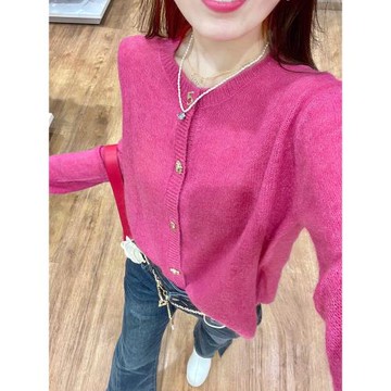 法式火龍果色毛衣外套女春季2025新款高級感超好看的針織開衫上衣