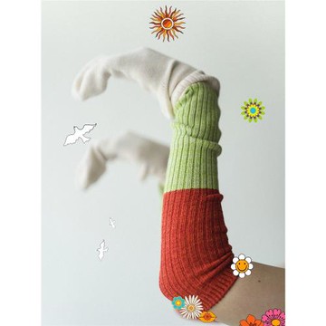 BEEFF女 復古嬉皮士 三色拼色小腿襪 無骨長絨棉長筒襪 美式辣妹