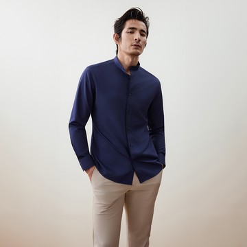 速乾濕吸排汗單色紗立領長袖休閒襯衫/深海軍藍色 | 5612280278