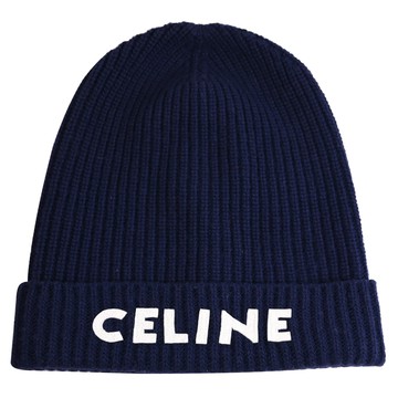 CELINE 電繡標誌LOGO羅紋羊毛針織毛帽.深海藍