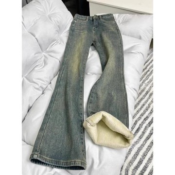 加絨直筒闊腿牛仔褲女2025冬季新款大碼胖mm高腰彈力微喇馬蹄褲子