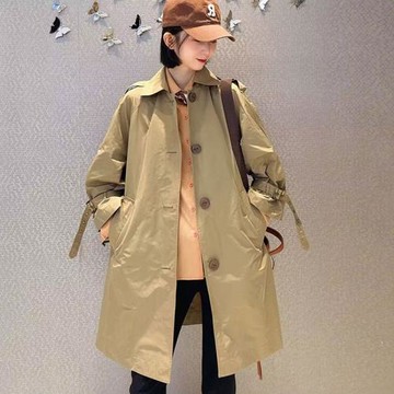 歐阿瑪施女裝2024冬新款氣質寬松翻領單排扣長袖中長款風衣外套女