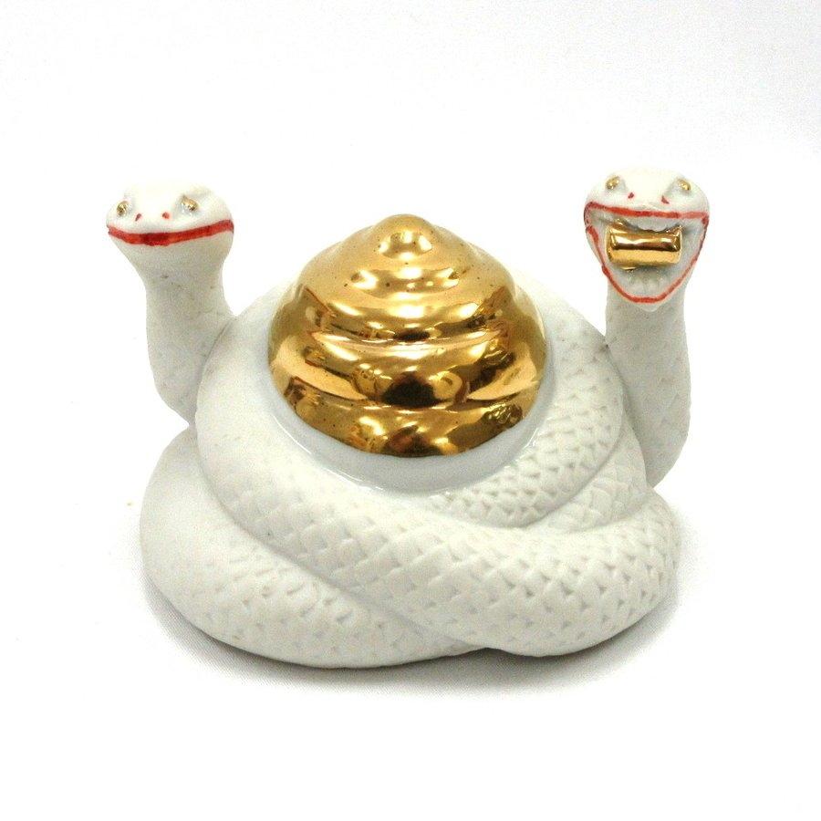 陶器製仏像 巳神 双頭白蛇 3.5寸 彩色 ケース入り
