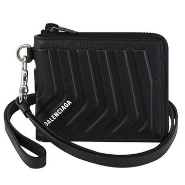 BALENCIAGA 巴黎世家 693545 立體輪胎紋頸掛ㄇ字拉鍊零錢短夾.黑