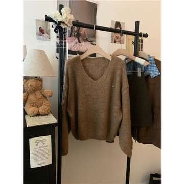 2025秋冬女新款韓國chic加厚氣質慵懶風毛衣寬松v領毛茸茸針織衫