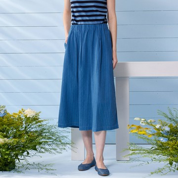 INDIGO藍染棉麻打摺口袋長裙