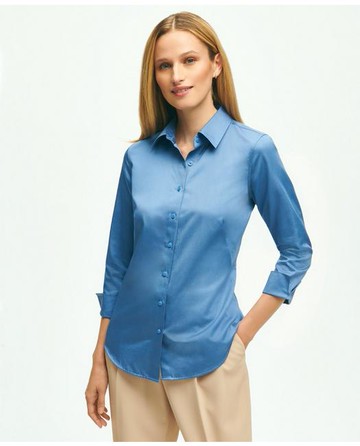 Brooks Brothers Women's Fitted Stretch Cotton Sateen Three-Quarter Sleeve Blouse | Dark Chambray | Size 16