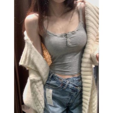 純欲辣妹蕾絲邊小吊帶背心女夏季外穿內搭帶胸墊修身短款無袖上衣