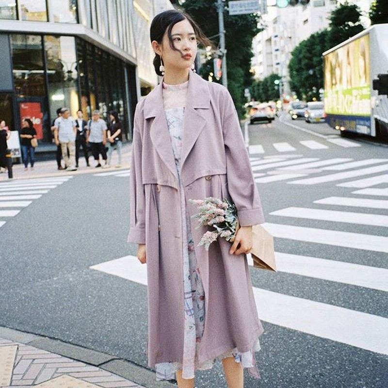 トレンチコート ロング アウター リボンベルト付き 長袖 パステルカラー レトロ カッコイイ きれいめ 通勤 お出かけ デート 食事会 レディース パープル 通販 Lineポイント最大get Lineショッピング