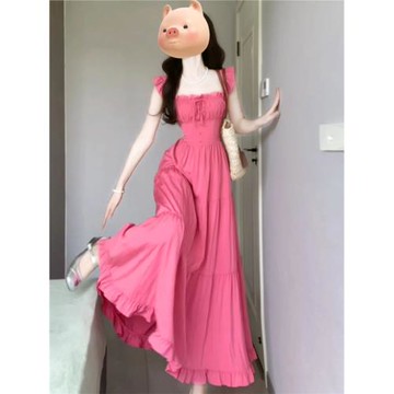 (免運)法式方領玫紅色系帶收腰連衣裙獨特漂亮海邊度假溫柔風露背長裙子