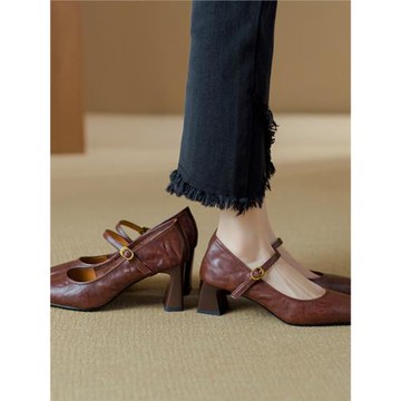 軟羊皮黑色高跟鞋2026春秋新款法式復古粗跟一字帶瑪麗珍鞋女單鞋