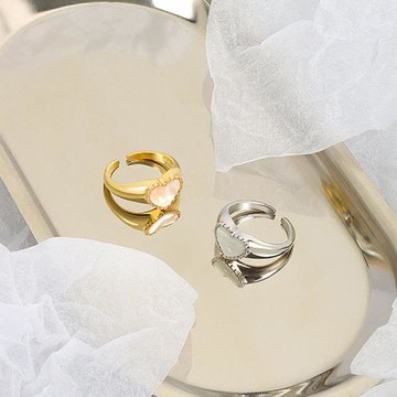 ANGEL 貝殼愛心復古寬版彈性開口戒指(2色可選)