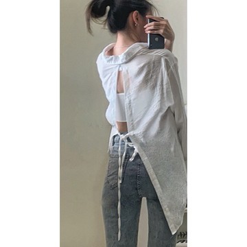 An:sr—『露背 綁帶 微透白襯衫』韓系 性感 綁帶 露背 透膚 白襯衫F0003