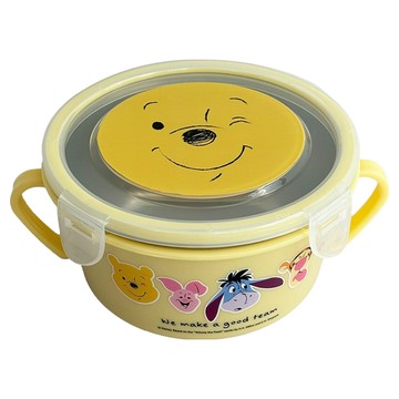 OTTO 崴昇 不鏽鋼雙耳隔熱餐碗 耐溫PP上蓋 卡榫設計  小熊維尼 黃色  1個