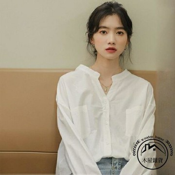 V領長袖襯衫女設計感小眾寬版外穿百搭上衣【木屋雜貨】
