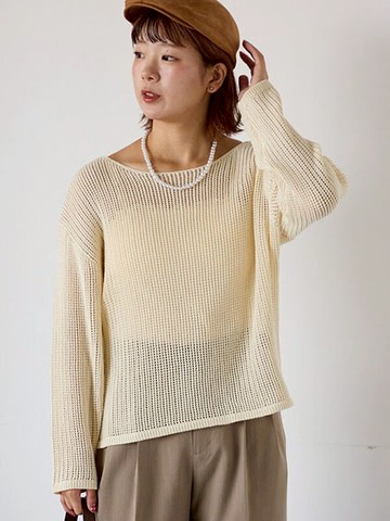 格紋洞洞鏤空針織長袖寬領上衣(0F001258710) - ehka sopo